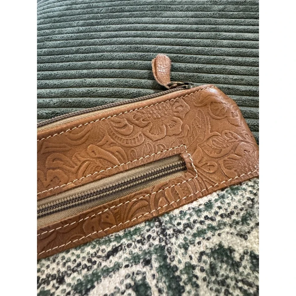 Myra Bag‎ Leather Tooled Canvas Clutch Wristlet Tassel Zipper Pouch Boho